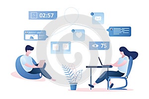 People chatting in social network,male and female characters with laptops