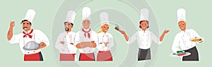 People in chef uniform showing different hand gestures expressing feelings and emotions, vector isolated illustration.