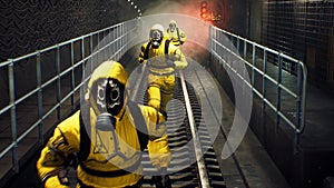 People in chemical protective clothing run out of the tunnel to go to fight the epidemic. The concept of a post