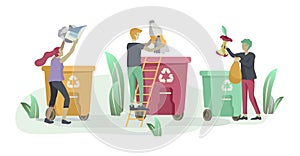 people and children Recycle Sort organic Garbage in different container for Separation to Reduce Environment Pollution. Family