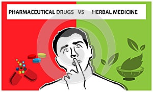 People and choices between pharmaceutical drugs and herbal medicine background. Flat vector illustration.