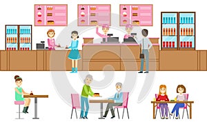 People Choosing and Buying Desserts at Confectionery, Male Seller Serving Customers at Bakery Shop or Cafe Vector