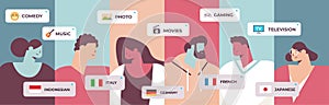 people choosing foreign languages voice translator online dictionaries translation service social media communication