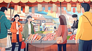 People choosing fresh raw seafoods at the local fish market. Cartoon characters with market stall.