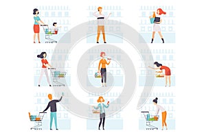 People choosing products, pushing carts at grocery store set, man and woman shopping at supermarket vector Illustration