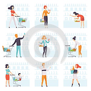 People choosing products, pushing carts at grocery store set, man and woman shopping at supermarket vector Illustration