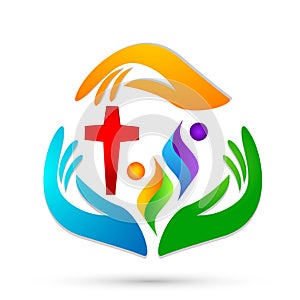 People church, care Hands taking care people save protect family care logo icon element vector on white background