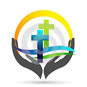 People church, care Hands taking care people save protect family care logo icon element vector on white background