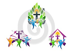 people church christian logo, bible,dove and religious family icon symbol design