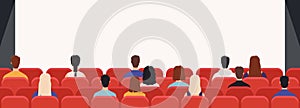 People in cinema from back. Movie theater audience watching film. Men and women public looking at screen in hall with chairs,