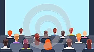 People in cinema back view. Theatre audience, crowd of head sitting on rows chairs watching screen and waiting play