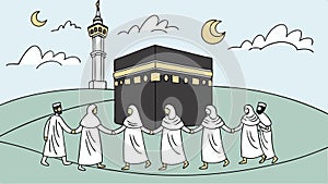People circumambulating Kaaba during Hajj, Islamic pilgrimage ritual scene vector design Generative AI photo