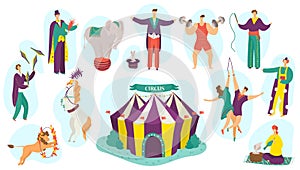 People in circus performance vector illustration set, cartoon flat fun active artist character performing magic show