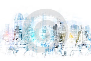 People in the city concept - abstract city skyline and people walking on street double exposure