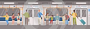 People or city dwellers in metro, subway, tube or underground train car. Men and women in public transport. Male and