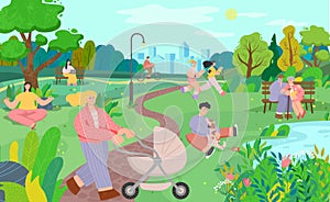 People in city park, active lifestyle, outdoor leisure vector illustration