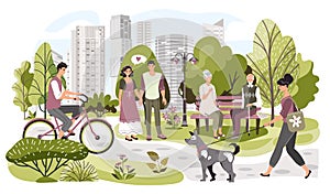 People in city park, weekend leisure in nature, vector illustration. Summer park in modern metropolis