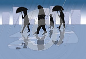 People in a city on a rainy day - illustration in subdued blue colors