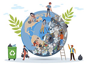 People clean planet. Globe in mountain of garbage from plastic bottles waste dishes, women and man cleanse Earth from
