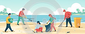 People cleaning beach. Cartoon characters collecting trash and save the environment. Vector garbage and waste pollution