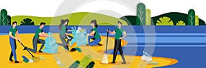 People cleaning plastic garbage on waterfront. Volunteering, ecology and environment concept. Vector illustration