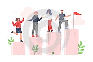 People Climbing up to the Goal Helping Each Other, Moving up Motivation Concept Cartoon Vector Illustration