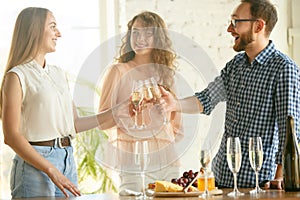 People clinking glasses with wine or champagne. Happy cheerful friends celebrate holidays, meeting. Close up shot of