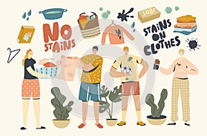 People in Clothes with Stains. Male Female Characters Stain Clothing with Food while Eating, Soil Spots after Football