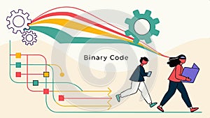 People coding with binary code, software development vector design Generative AI