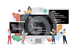People with coding on computer screen. Concept of computer programming or developing software or game