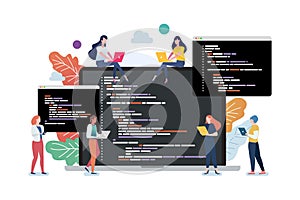 People with coding on laptop screen. Concept of computer programming or developing software or game