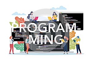 People with coding on laptop screen