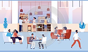 People in coffee shop. Friends drink coffee with pastry in coffeehouse. Persons meeting in cafe vector cartoon concept