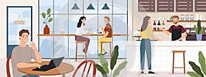 People in coffeehouse. Cafe interior with man and woman drinking coffees. Barista and customer in cafeteria or coffee photo