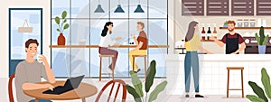 People in coffeehouse. Cafe interior with man and woman drinking coffees. Barista and customer in cafeteria or coffee shop, vector