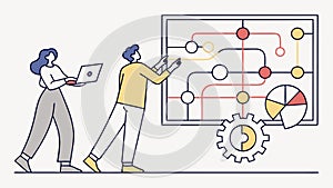 People collaborating on a complex diagram, teamwork, data analysis, problem-solving, vector design Generative AI