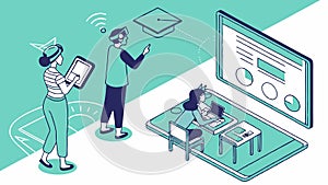 People collaborating on digital screens, data analysis. vector design Generative AI