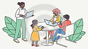 People Collaborating on Laptops, Creative Teamwork, Modern Workspace, vector design Generative AI