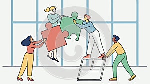 People collaboratively assembling a large puzzle piece, teamwork and unity, vector design Generative AI