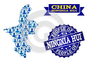 People Collage of Mosaic Map of Ningxia Hui Region and Distress Stamp
