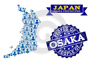 People Collage of Mosaic Map of Osaka Prefecture and Scratched Stamp