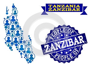 People Collage of Mosaic Map of Zanzibar Island and Grunge Seal Stamp