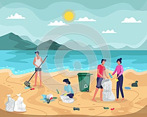People collecting garbage on ocean beach