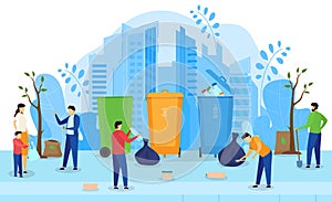 People collecting and recycling garbage, clean city environment activist campaign, vector illustration