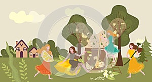 People collecting tea herb, woman carry orange lemon dance with chamomile cartoon vector illustration. Rural view