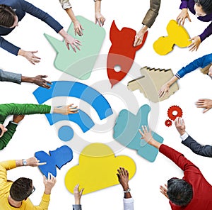 People and Colorful Social Networking Symbol Placards