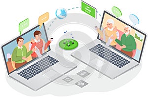 People communicate with family online using laptops. Chatting with relatives by online videochat