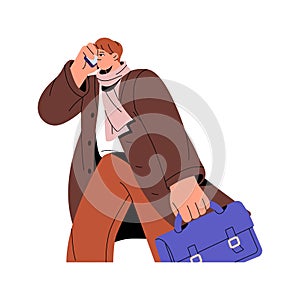 People communicate by phone on the go to work, office. Hurry worker calls by smartphone, carrying briefcase. Young man