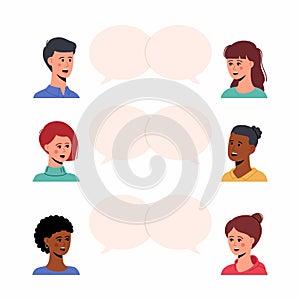 People communicate together. Diverse character group chatting and talking. Young men and women communicate