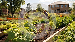 People in a community garden tending to plants, illustrating local efforts to promote sustainable agriculture and food sources